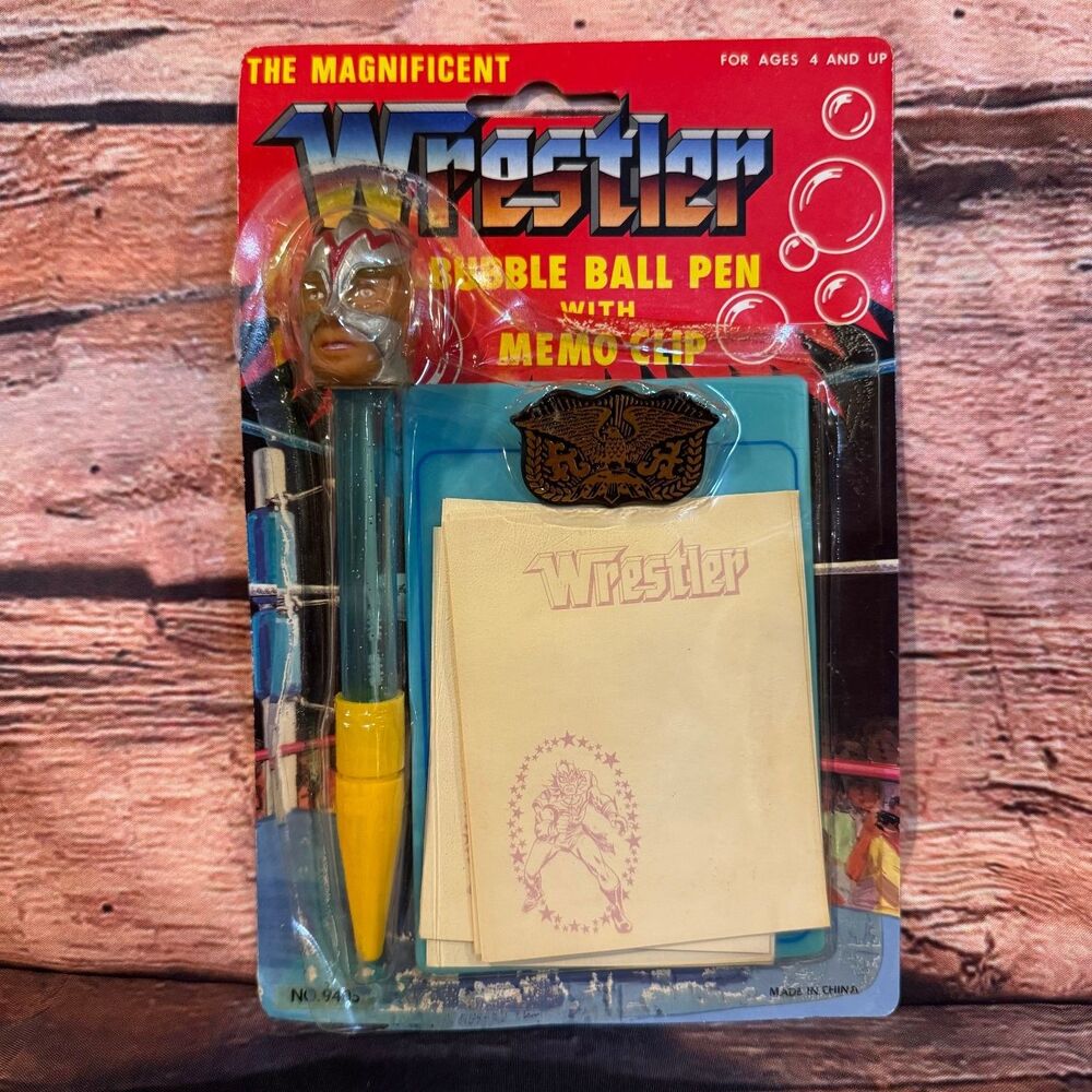 The Magnificent Wrestler Bubble Ball Pen with Memo Clip Lucha Mask Vintage Toy